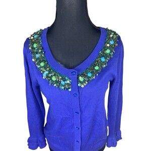 Kate Spade New York 'Leni'Crystal Embellished Jewel Cardigan 3/4 Sleeve Blue XS